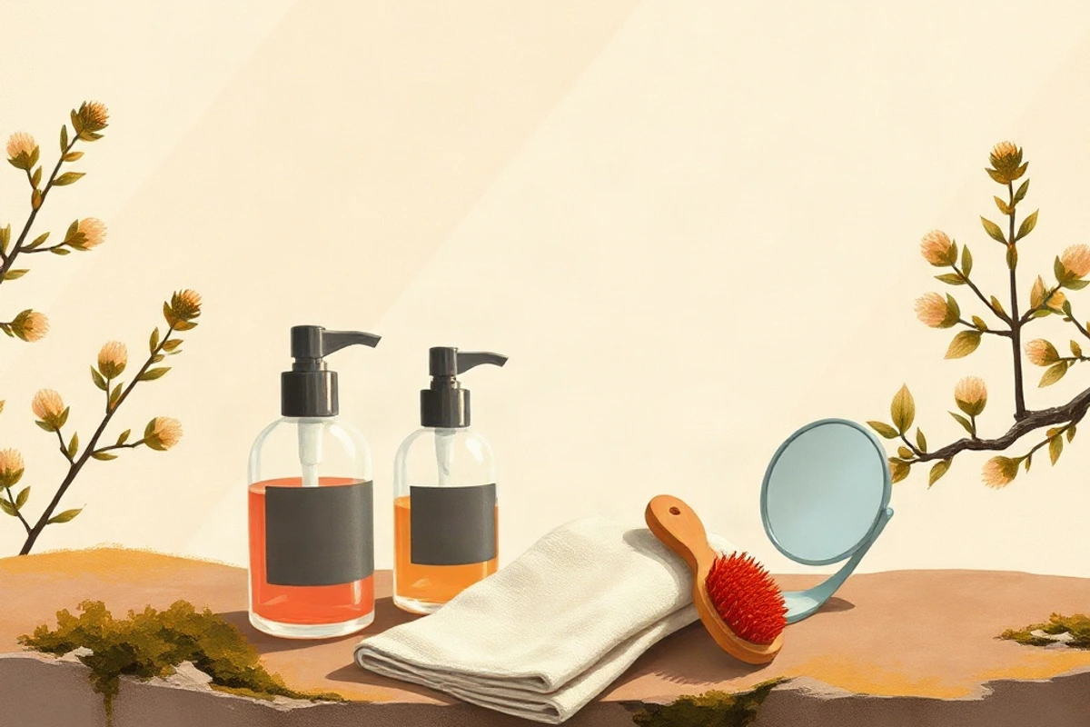 A small everyday beauty set arranged beside a towel and mirror for a quick morning routine