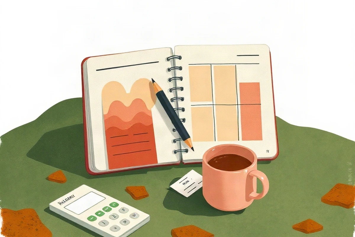 A calculator and planning notebook listing occasional expenses beside a mug